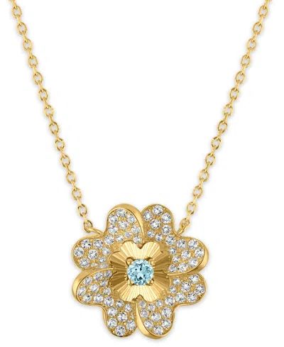 Macy's Blue Topaz (1/20 Ct. T.w.) & White Topaz (1/3 Ct. T.w.) Diamond Cut Flower Pendant Necklace In 14k Y In Gold