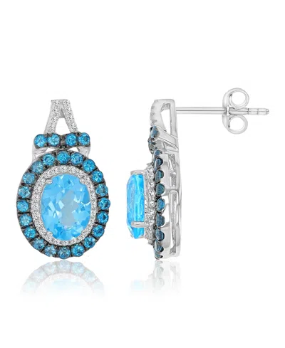 Macy's Blue Topaz (1.44 Ct. T.w.) & White Sapphire (0.256 Ct. T.w.) Oval Earrings In Rhodium Over Sterling  In Silver