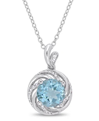 Macy's Blue Topaz (2-1/3 Ct.t.w.), White Topaz (1/8 Ct.t.w.) And Diamond Accent Swirl Halo 18" Necklace In