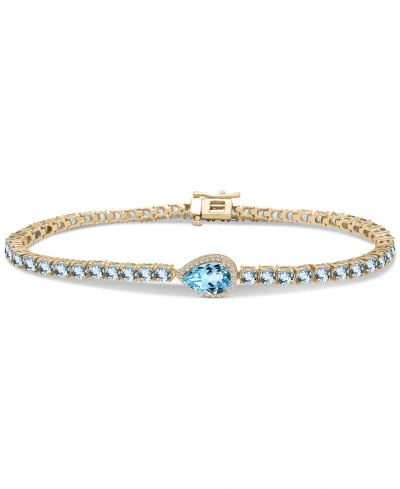 Macy's Blue Topaz (8-3/8 Ct. T.w.) & Diamond (1/10 Ct. T.w.) Halo Tennis Bracelet In 14k Gold-plated Sterli