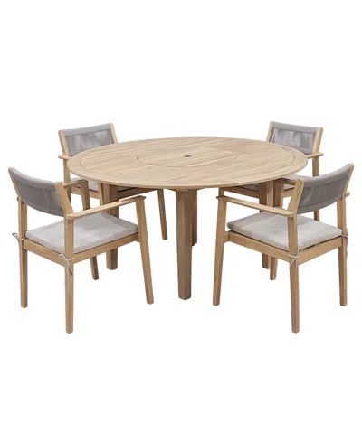 Macy's Bristol 5-pc. Teak Wood Round Dining Set (dining Table With Lazy Susan, Agate Lite Stacking Chairs), In Beige,khaki