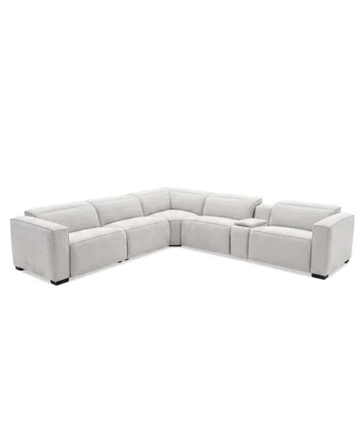 Macy's Carltoun 6-piece Fabric Sectional With 3 Power Recliners Power Headrest And Console In White