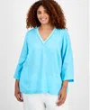 Macy's Charter Club Plus Size Linen Bead-embellished 3/4-sleeve Top, Exclusively At  In Blue