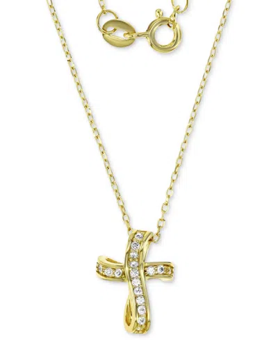 Macy's Kids' Children's Cubic Zirconia Curved Cross Pendant Necklace In 14k Gold-plated Sterling Silver, 13 + 2"