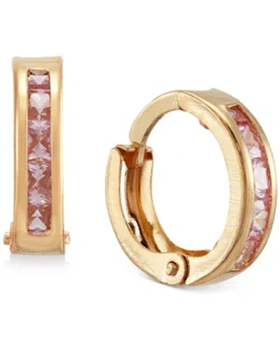 Macy's Kids' Children's Cubic Zirconia Extra Small Huggie Hoop Earrings In 14k Gold, 10mm In Pink