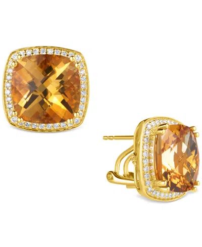 Macy's Citrine (10 Ct. T.w.) & Diamond (3/8 Ct. T.w.) Cushion Halo Stud Earrings In 14k Gold