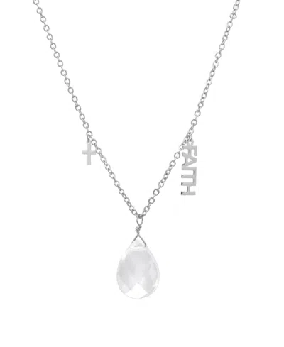 Macy's Clear Quartz Pear Shape Bead 16mm Charm Necklace In Fine Silver Plated Brass
