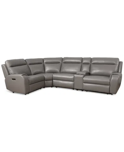 Macy's Closeout! Sheeler 5-pc. Faux Leather Sectional With 3 Power Motion Chairs & 1 Console In Brown
