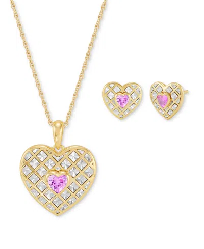 Macy's Created Ruby Or Pink Sapphire (1 Ct. T.w.) Heart Stud Earrings & Pendant Necklace In 14k Gold Over S