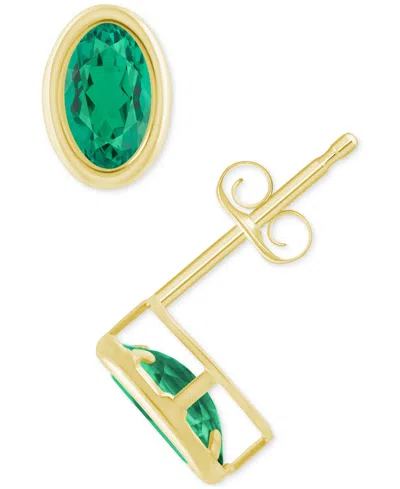 Macy's Created Sapphire Oval Stud Earrings (1-1/2 Ct. T.w.) In 10k Yellow Gold In Emerald,gold