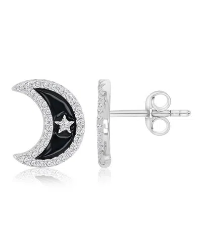 Macy's Created White Sapphire And Black Enamel Half Moon Stud Earrings In Rhodium Over Sterling Silver In Pattern
