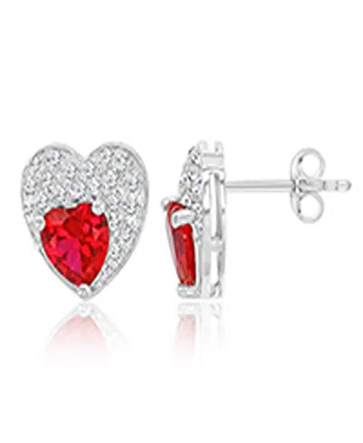 Macy's Created White Sapphire And Ruby Paved Heart Stud Earrings In Rhodium Over Sterling Silver In Pink