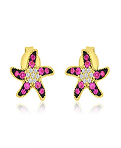 Macy's Created White Sapphire And Ruby Stud Earrings In 14k Yellow Gold Over Sterling Silver In Red