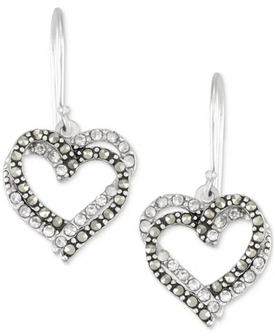 Macy's Crystal & Marcasite Interlocking Double Heart Drop Earrings In Sterling Silver