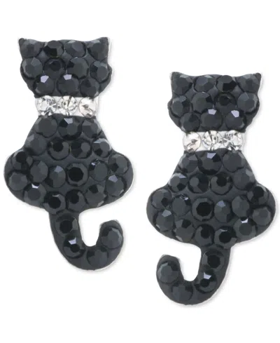 Macy's Crystal Black & White Pave Cat With Collar Stud Earrings In Sterling Silver