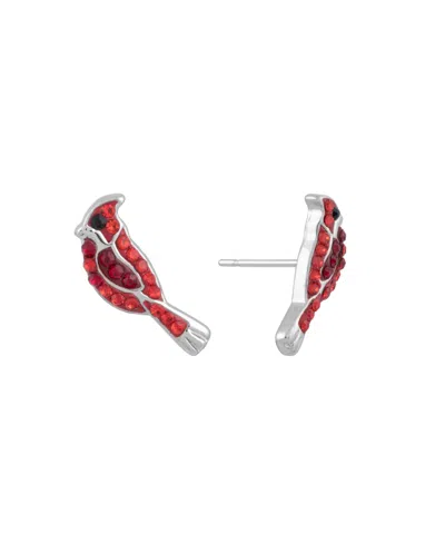 Macy's Crystal Pave Red Cardinal Stud Earrings In Silver