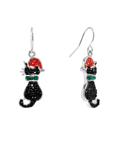 Macy's Crystal Santa Cat Christmas Dangle Earrings In Metallic