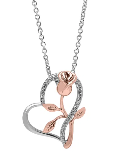 Macy's Cubic Zirconia (1/8 Ct. T.w.) Flower In Heart Pendant Necklace In Metallic