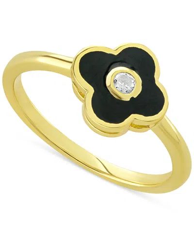 Macy's Cubic Zirconia & Black Clay Clover Ring In 14k Gold-plated Sterling Silver