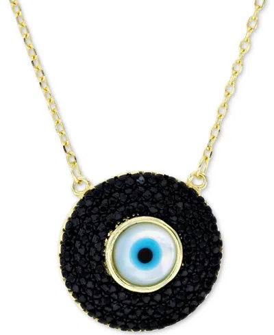 Macy's Cubic Zirconia & Enamel Evil Eye Pendant Necklace In 14k Gold-plated Sterling Silver, 16" + 1" Exten In Black