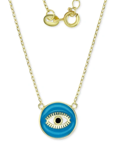 Macy's Cubic Zirconia & Enamel Evil Eye Pendant Necklace In 14k Gold-plated Sterling Silver, 16" + 2" Exten In Teal