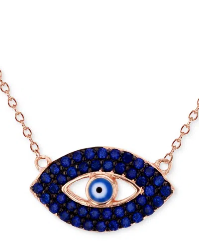 Macy's Cubic Zirconia & Enamel Evil Eye Pendant Necklace In 14k Rose Gold-plated Sterling Silver, 16" + 1" In Dark Blue