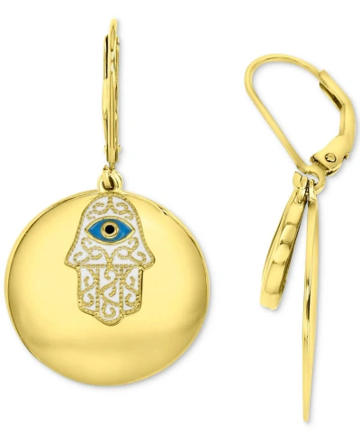 Macy's Cubic Zirconia & Enamel Hamsa Hand Disc Drop Earrings In Gold