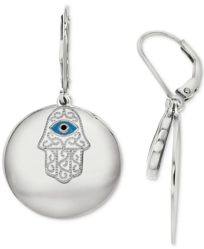 Macy's Cubic Zirconia & Enamel Hamsa Hand Disc Drop Earrings In Silver
