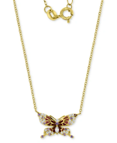 Macy's Cubic Zirconia & Enamel Multicolor Butterfly Pendant Necklace In 14k Gold-plated Sterling Silver, 16
