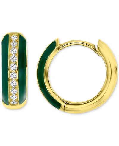 Macy's Cubic Zirconia & Enamel Polished Small Hoop Earrings, 0.55" In Green,gold