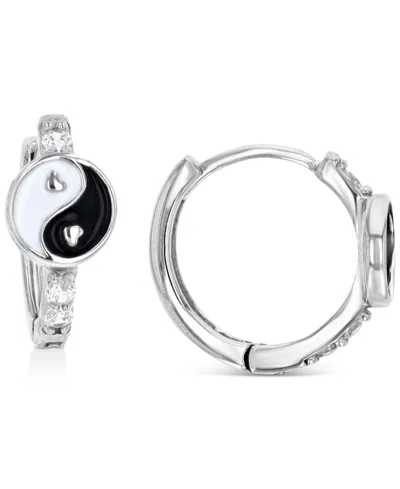 Macy's Cubic Zirconia & Enamel Yin Yang Small Hoop Earrings, 0.51" In Neutral