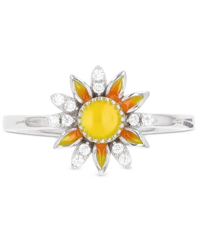 Macy's Cubic Zirconia & Hand-painted Enamel Sun Ring In Sterling Silver