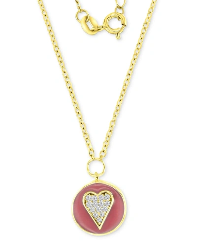 Macy's Cubic Zirconia & Pink Enamel Cluster Disc Pendant Necklace In 14k Gold-plated Sterling Silver, 13" +