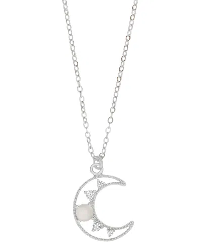Macy's Cubic Zirconia & Simulated Opal Moon Pendant Necklace In Silver