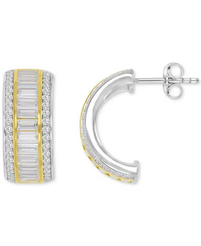 Macy's Cubic Zirconia Baguette & Round Small Half Hoop Earrings In Sterling Silver & 14k Gold-plate In Two Tone