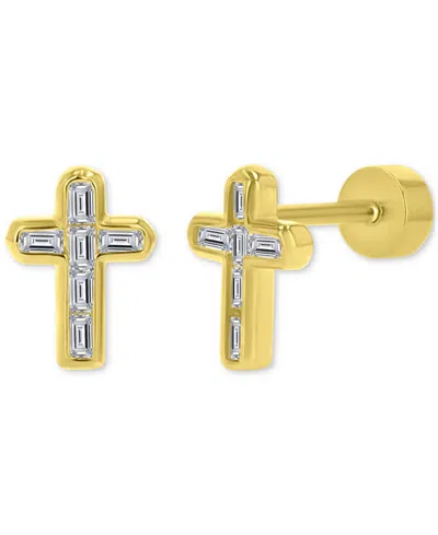 Macy's Cubic Zirconia Baguette Cross Stud Earrings In 14k Gold-plated Sterling Silver