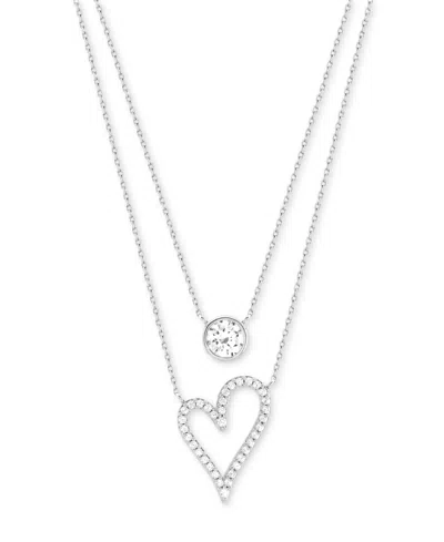 Macy's Cubic Zirconia Bezel & Heart Layered Necklace In Sterling Silver, 16" + 2" Extender