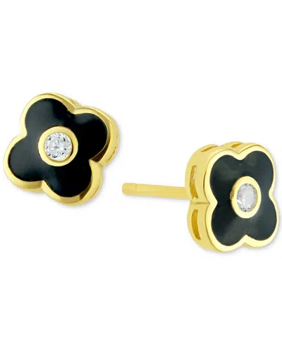 Macy's Cubic Zirconia Black & White Clover Stud Earrings In 14k Gold-plated Sterling Silver