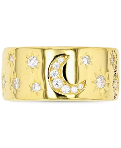 Macy's Cubic Zirconia Crescent Moon & Stars Wide Width Band In 14k Gold-plated Sterling Silver