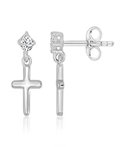 Macy's Cubic Zirconia Cross Dangling Earrings In Rhodium Over Sterling Silver In Metallic
