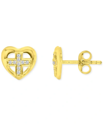 Macy's Cubic Zirconia Cross-in-heart Openwork Stud Earrings In Gold