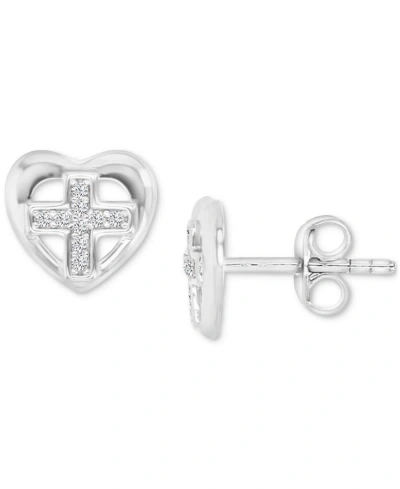 Macy's Cubic Zirconia Cross-in-heart Openwork Stud Earrings In Silver
