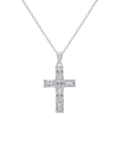 Macy's Cubic Zirconia Emerald Cut Cross Pendant In Silver