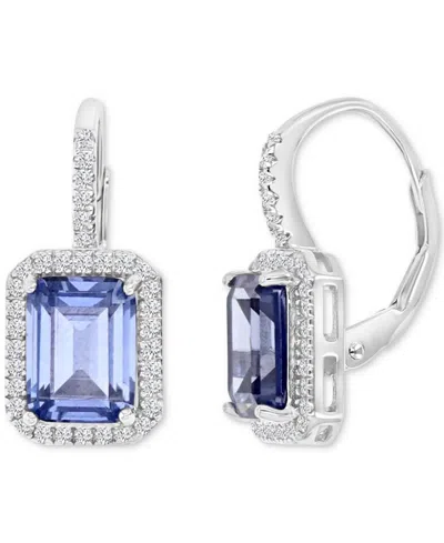 Macy's Cubic Zirconia Emerald-cut Halo Leverback Statement Earrings In Blue