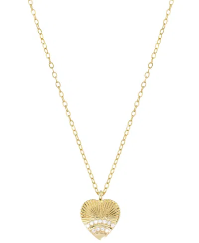 Macy's Cubic Zirconia Fluted Texture Heart Pendant Necklace In 14k Gold-plated Sterling Silver, 16" + 2" Ex