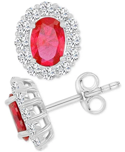 Macy's Cubic Zirconia Green Stone Oval Halo Stud Earrings In Sterling Silver