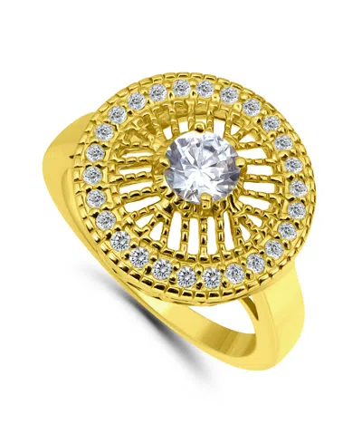 Macy's Cubic Zirconia Medallion Ring With Round Prong Center Stone In Silver Plate In Gold