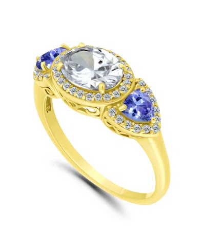 Macy's Cubic Zirconia Oval With Tanzanite Cz Accents 3 Stone Ring In Silver Plate In Gold