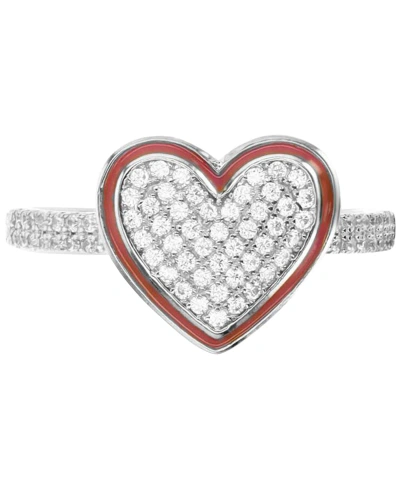 Macy's Cubic Zirconia Pave & Enamel Frame Heart Ring In Sterling Silver In Pink
