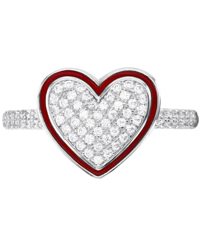 Macy's Cubic Zirconia Pave & Enamel Frame Heart Ring In Sterling Silver In Red
